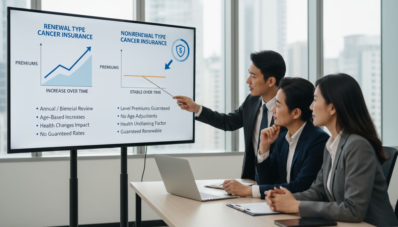 갱신형과 비갱신형 암보험의 보험료 변동 차이를 설명하는 인포그래픽과 중년 부부와 상담하는 금융 전문가 모습