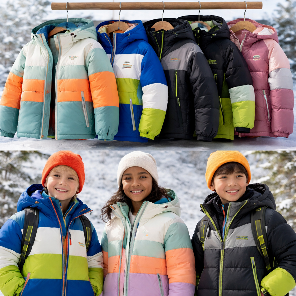 2026년 최신 주니어 패딩 스타일로 리버서블 컬러 블록, 푸퍼 스타일, 고어텍스 소재와 방수 지퍼 기능의 패딩들이 전시되어 있는 모습