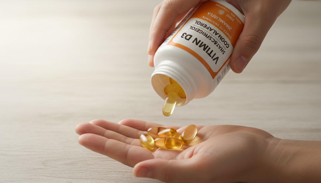 비타민 D3 영양제 병과 캡슐을 손에 들고 있는 모습