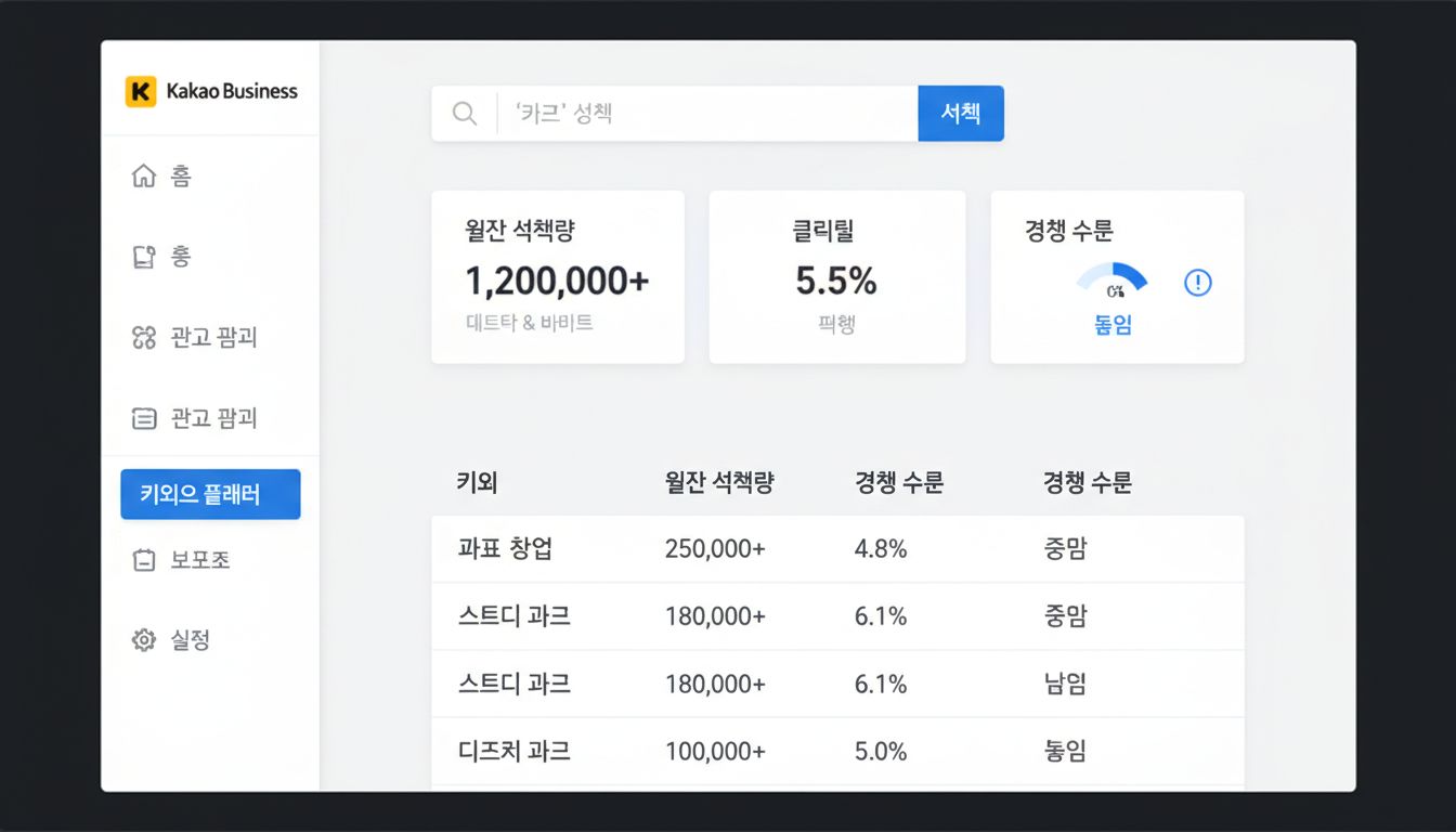 카카오 키워드 플래너 접속 후 키워드 검색창과 주요 데이터 지표를 보여주는 인터페이스 화면