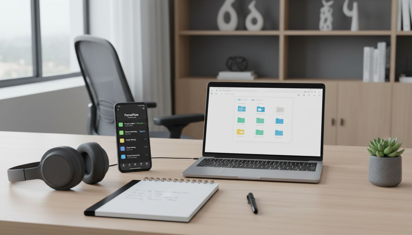 조용한 ADHD 관리를 위한 스마트한 직장 내 업무 환경과 디지털 도구가 잘 갖추어진 책상 모습