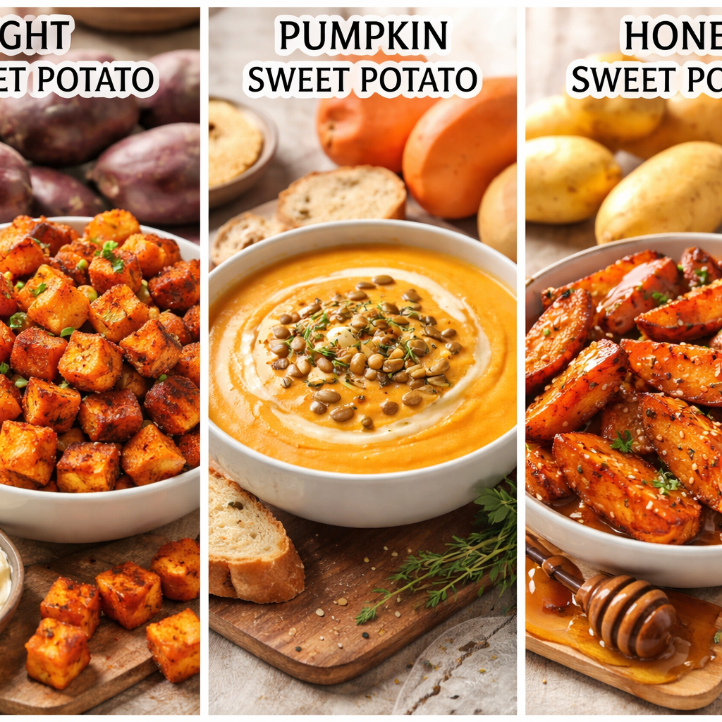 밤고구마 튀김, 호박고구마 수프, 베니하루카 군고구마의 요리법을 보여주는 콜라주 이미지