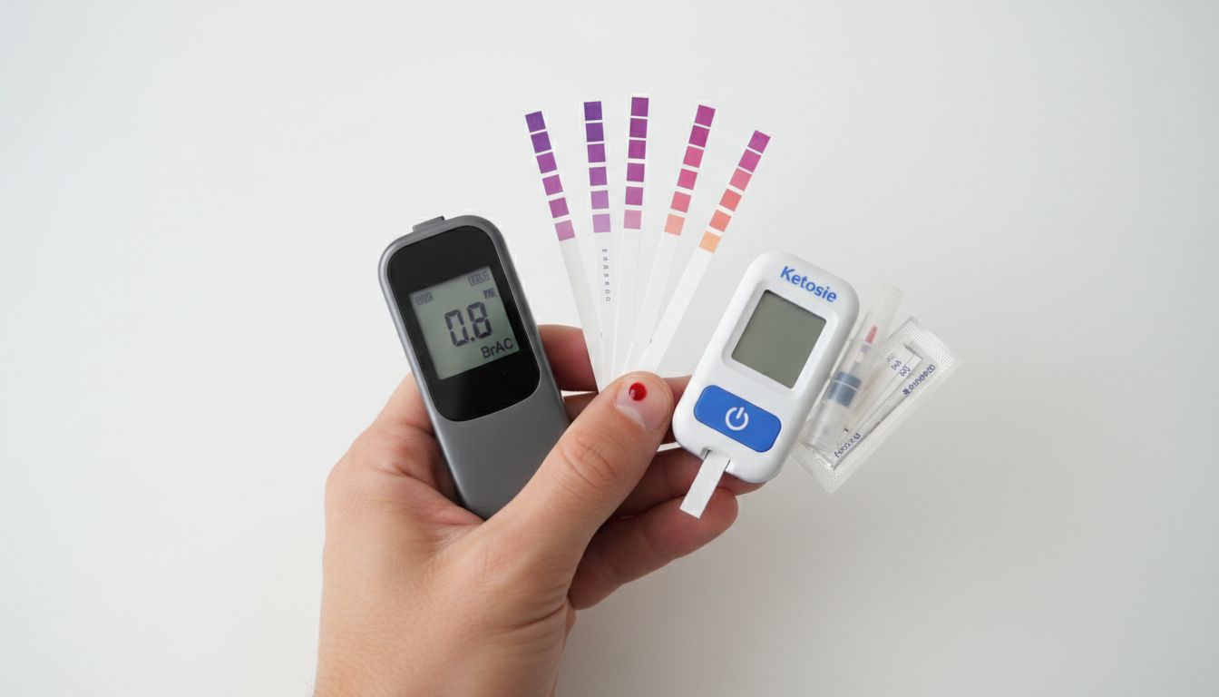소변 검사 스트립, 호흡 측정기, 혈액 측정기 세 가지 케토시스 확인 도구를 손에 들고 있는 실사 스타일 이미지