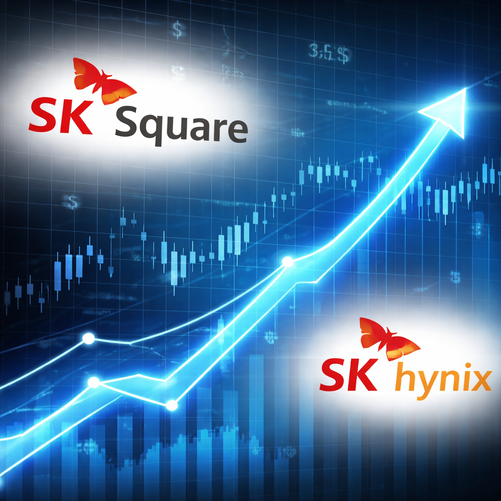 SK스퀘어와 SK하이닉스 로고가 포함된 주가 상승 그래프 이미지
