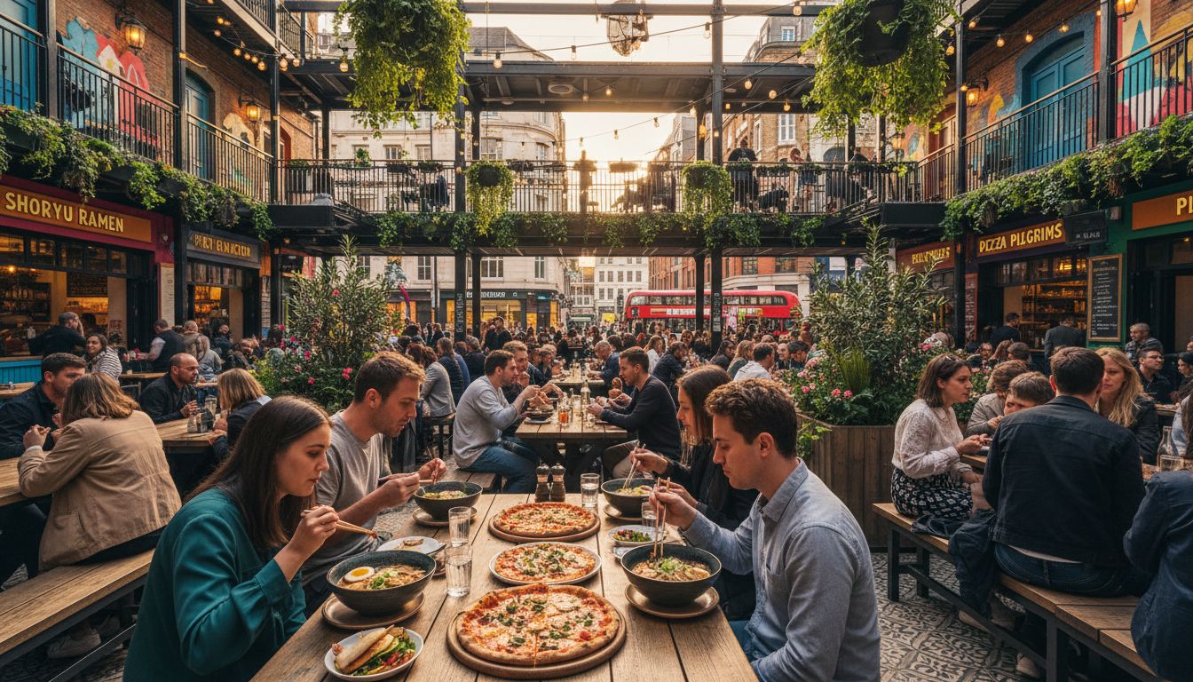 카나비 스트리트 중심부의 킹리 코트 야외 푸드코트 풍경