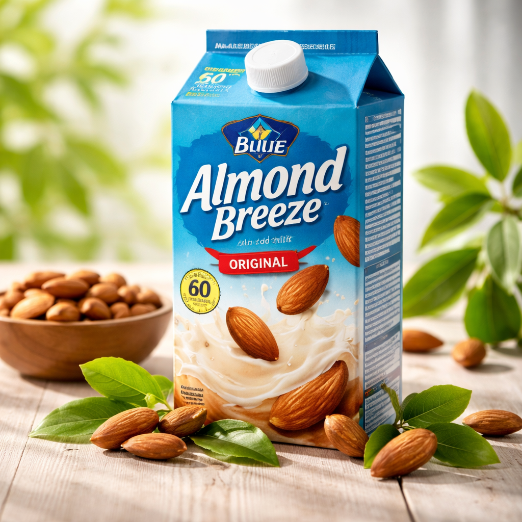 아몬드브리즈 우유 팩과 신선한 아몬드가 놓여 있는 모습