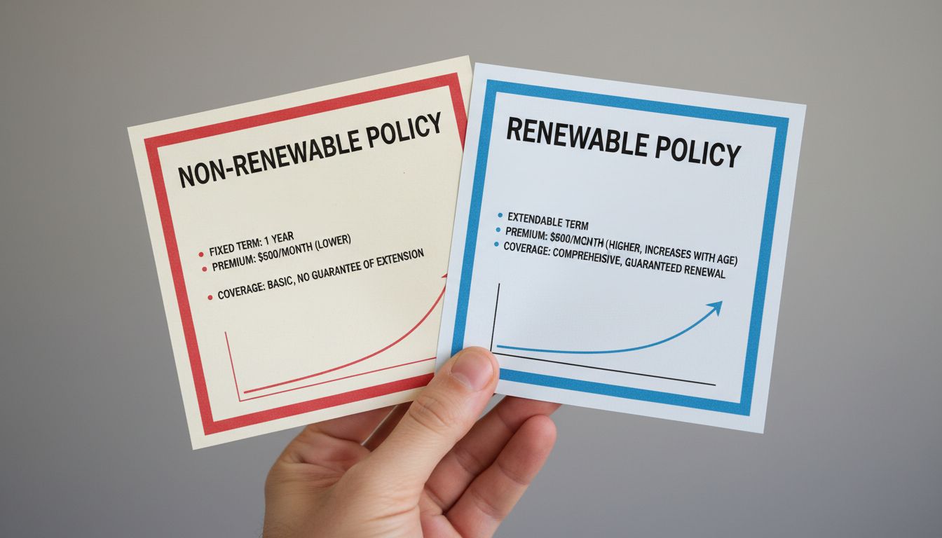 비갱신형과 갱신형 보험료 및 보장 기간 차이를 설명하는 두 가지 보험 증서 문서 이미지