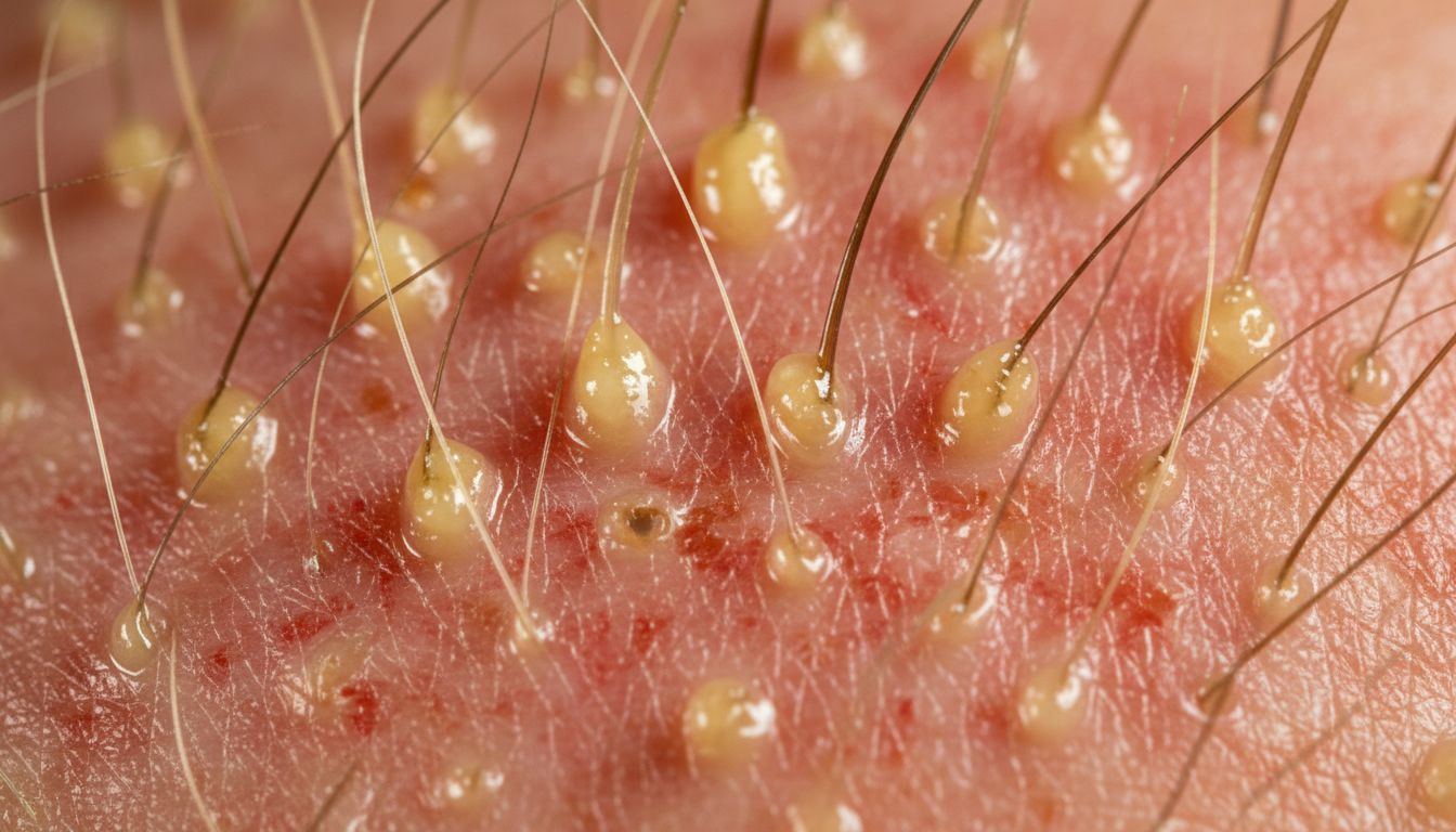 과도한 피지 분비와 만성 두피 염증을 표현한 두피 클로즈업 이미지