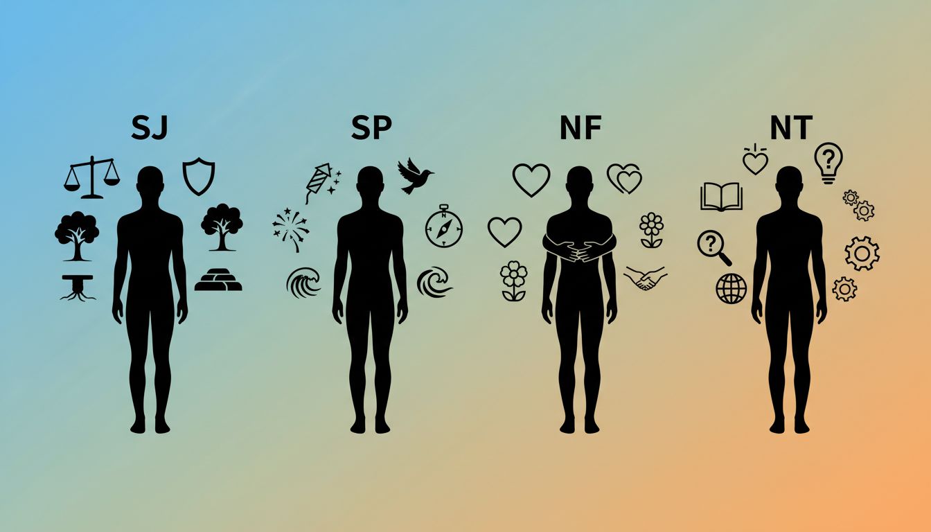 4가지 기질 SJ, SP, NF, NT를 상징하는 인물 실루엣과 특징 아이콘 이미지