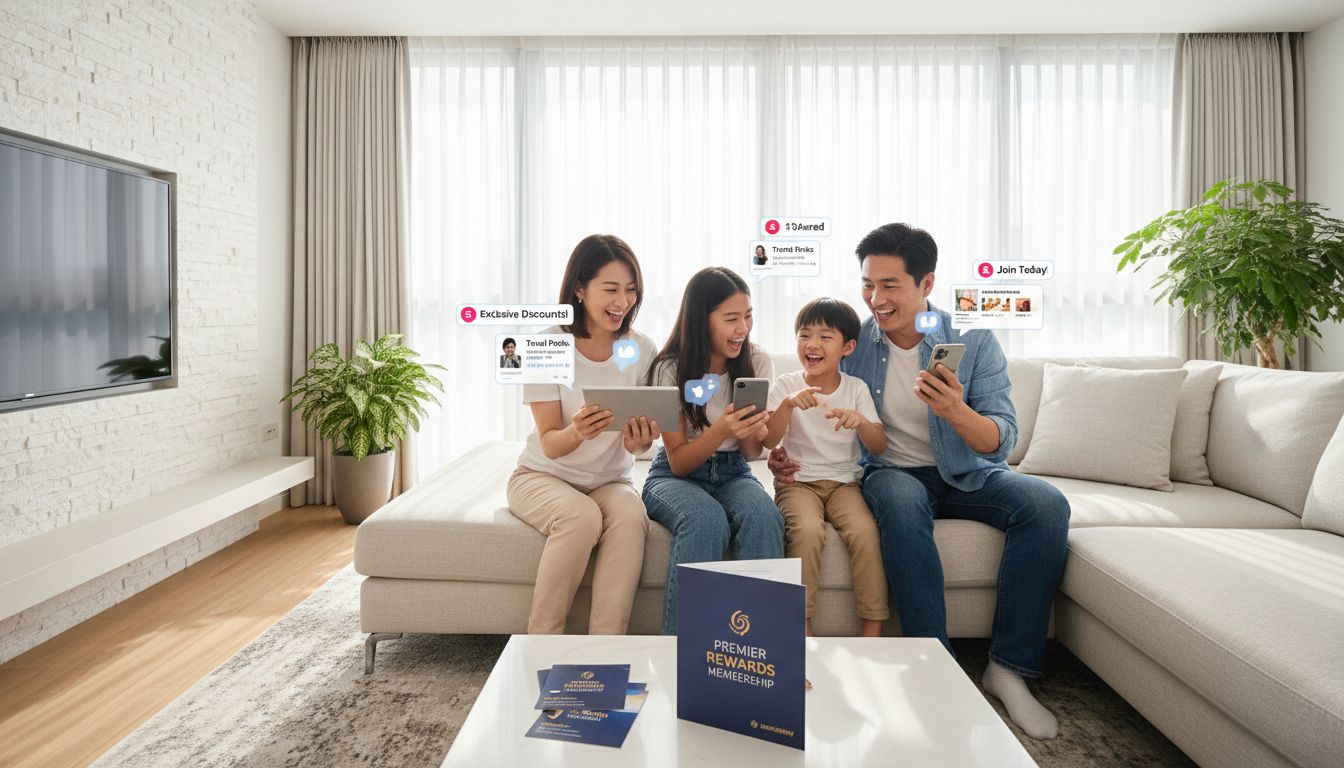 네이버 플러스 멤버십 가족 혜택을 공유하며 스마트폰을 사용하는 행복한 가족 모습