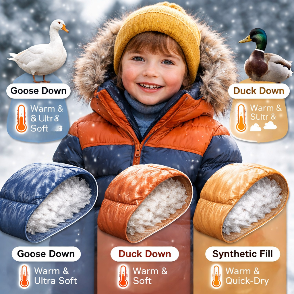 어린이가 따뜻한 겨울 패딩을 입고 있고, 구스다운, 덕다운, 합성 충전재의 보온성 차이를 보여주는 그래픽이 함께 있는 이미지