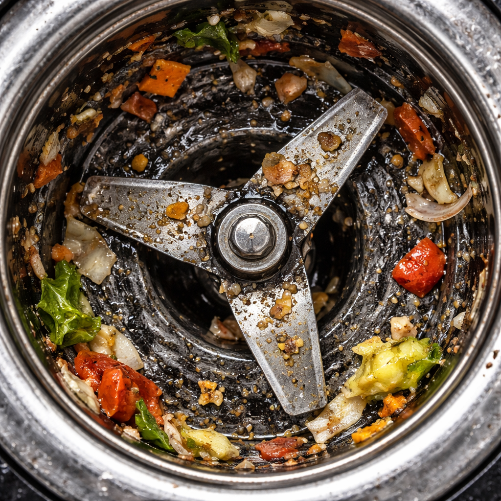 음식물처리기 내부의 분쇄 칼날 주변에 붙은 음식물 찌꺼기와 습기 찬 모습의 클로즈업 사진