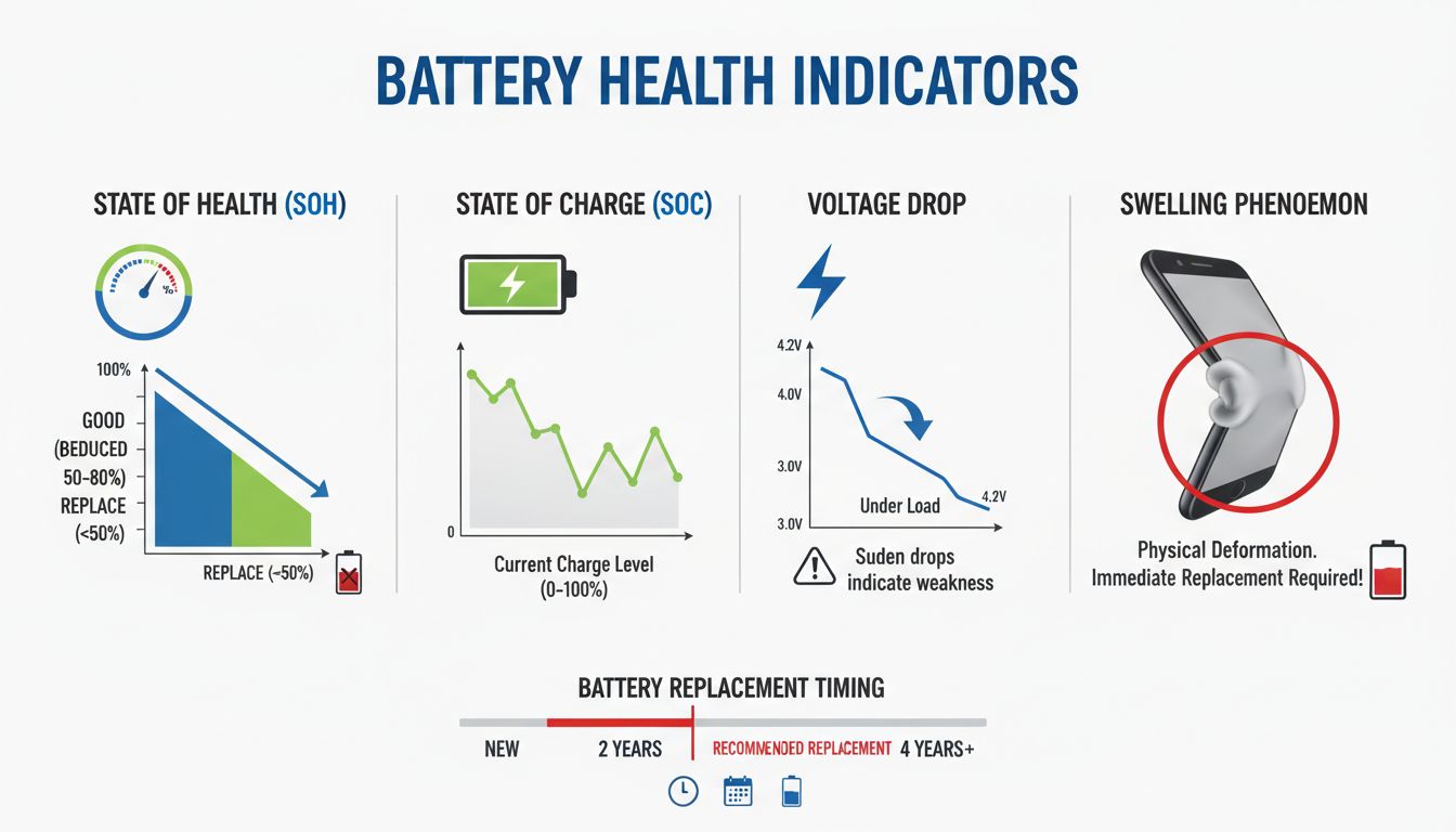 배터리 건강 상태 지표 및 교체 시점을 설명하는 인포그래픽 이미지