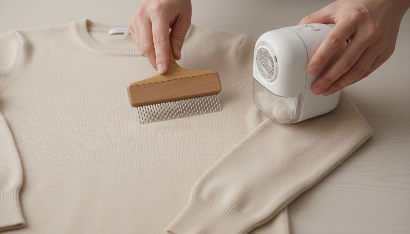 캐시미어 전용 빗과 전동 보풀 제거기를 사용해 보풀을 조심스럽게 제거하는 장면의 클로즈업 사진