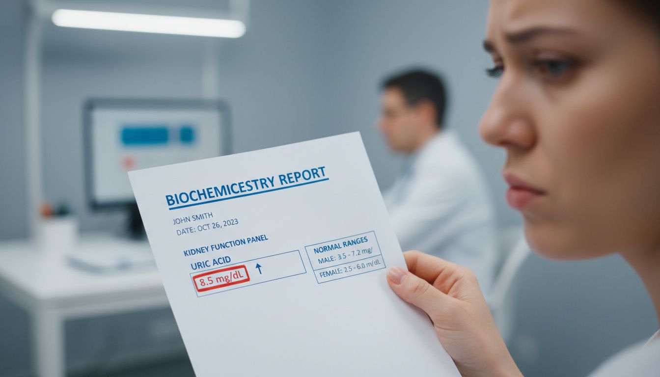 건강검진 결과표와 남녀 요산 수치 정상 범위 차트를 보며 걱정하는 사람의 모습