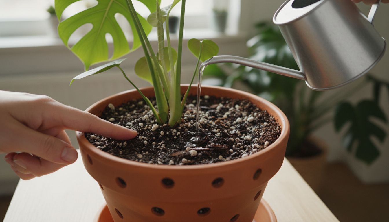 적절한 배수구가 있는 화분과 펄라이트가 섞인 배합토, 손으로 흙 습도를 확인하며 물을 주는 모습의 실감 나는 클로즈업 이미지