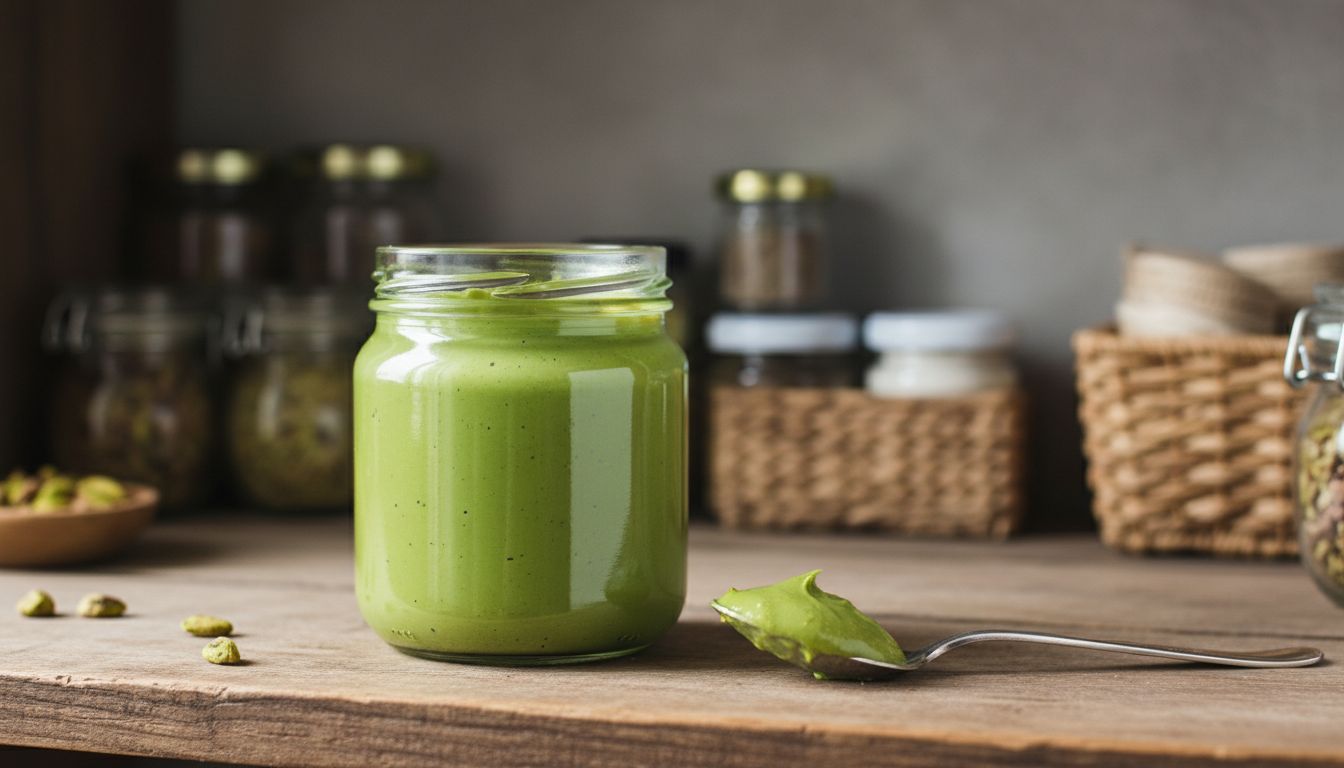 서늘하고 건조한 찬장에서 보관 중인 신선한 피스타치오 스프레드 유리병과 깨끗한 스푼 이미지