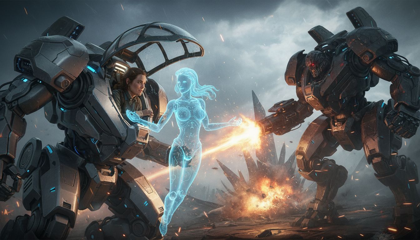 인간 파일럿과 AI가 탑승한 거대한 로봇이 박진감 넘치는 전투를 벌이는 첨단 메카닉 액션 장면