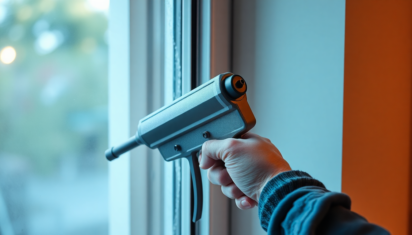 실내 창틀 틈새를 우레탄폼 본드 건 타입으로 정밀하게 채우는 모습