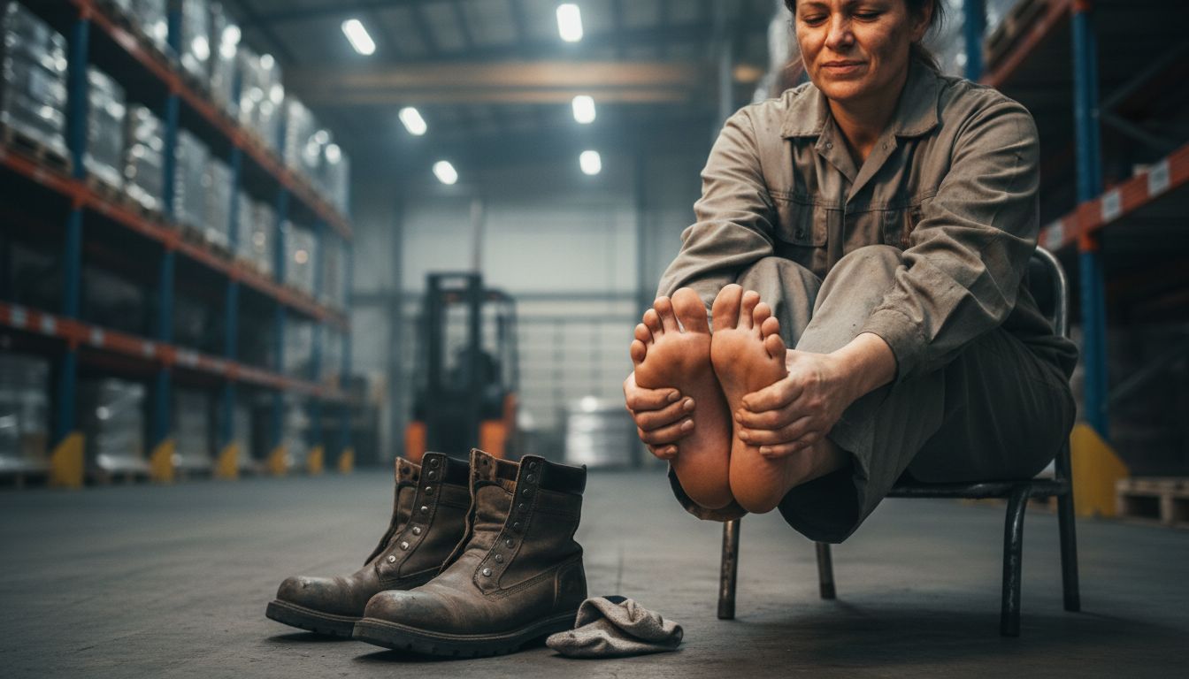 퇴근 후 작업 신발을 신은 피로에 지친 근로자가 발을 마사지하는 모습
