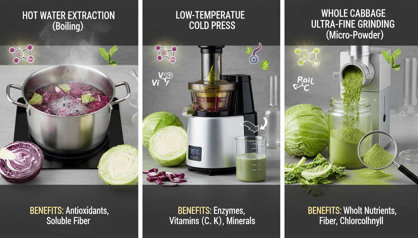 양배추즙 제조 방식 3가지(열수 추출, 저온 추출, 초미세분쇄)를 비교 설명하는 실사 이미지
