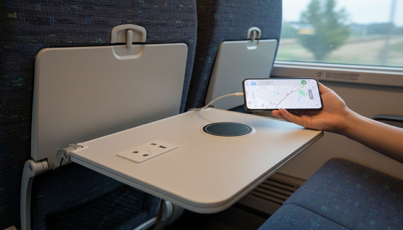KTX 이음 좌석에 설치된 개인용 콘센트와 무선 충전기, 스마트폰 사용 장면