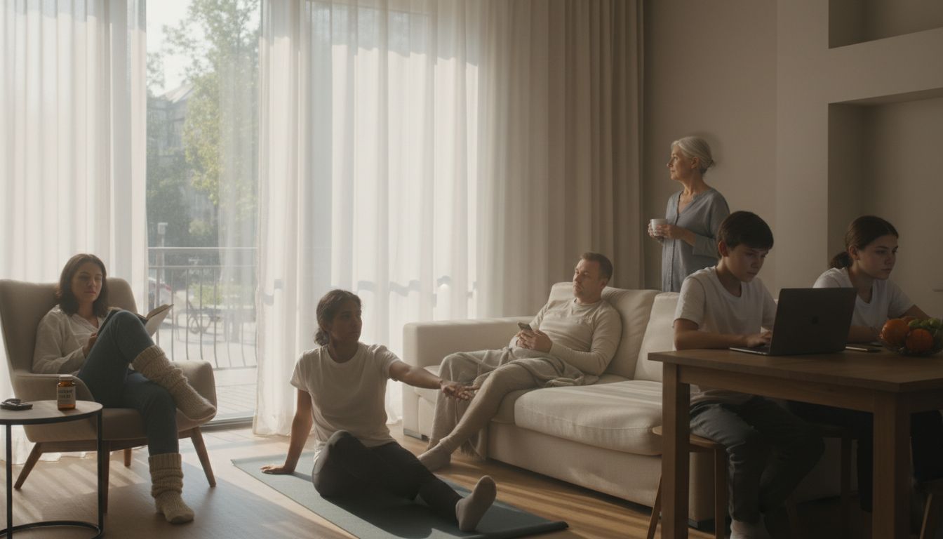 실내에 머무르는 현대인들이 햇빛 부족으로 비타민 D 결핍 위험을 갖는 모습을 나타낸 이미지