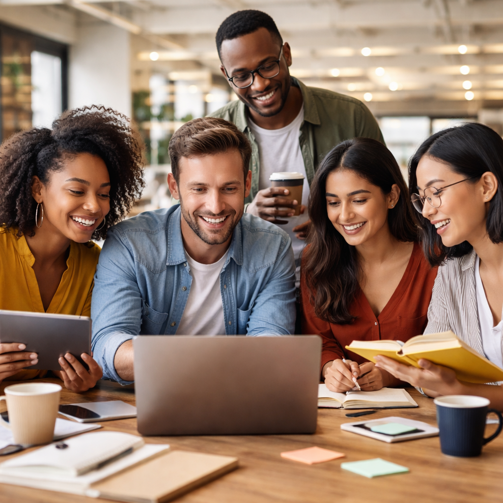 현대적인 공유 오피스에서 콘텐츠를 공유하고 토론하는 다양한 직장인 그룹, 팀워크와 지식 공유를 나타냄