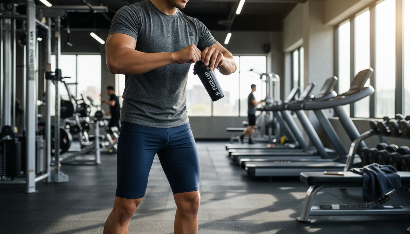 헬스장에서 간편하게 바로 마실 수 있는 RTD 프로틴 쉐이크를 마시는 사람의 실사 이미지