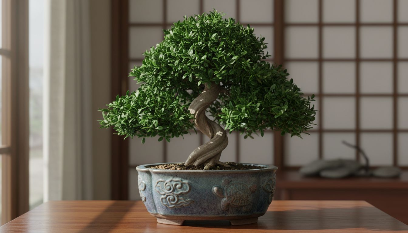 푸르고 건강한 청짜보 분재 나무의 클로즈업 모습