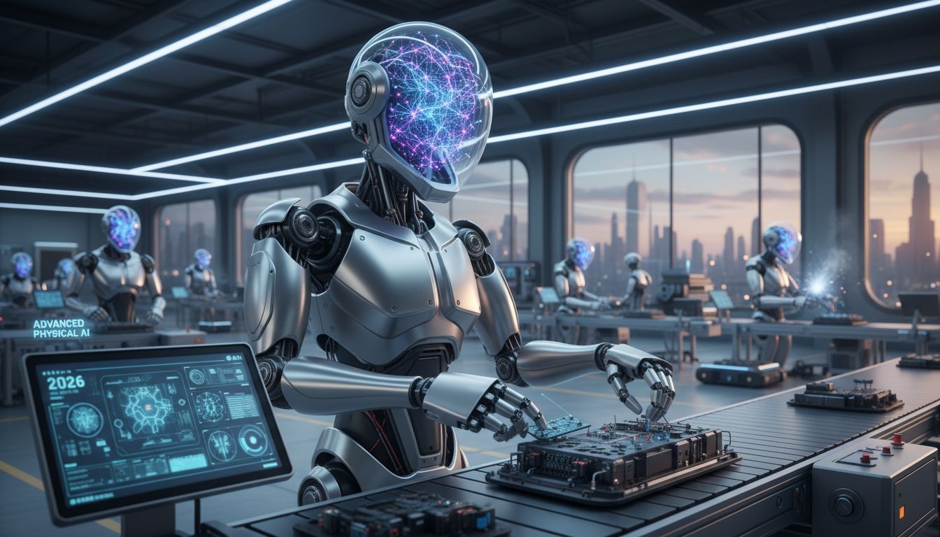 2026년 첨단 피지컬 AI 기술이 적용된 휴머노이드 로봇이 공장 내에서 물체와 상호작용하는 모습