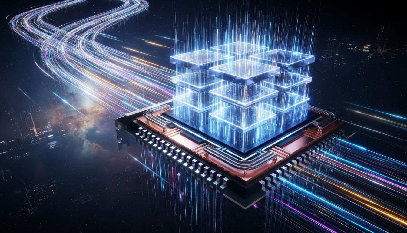 데이터 고속도로를 상징하는 HBM 메모리 기술과 강력한 GPU 칩이 연결된 모습을 고화질 실사 스타일로 표현한 이미지