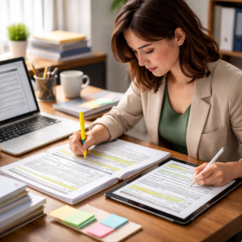 하이라이트와 메모 기능을 활용해 능동적으로 학습하는 모습의 전문가 이미지