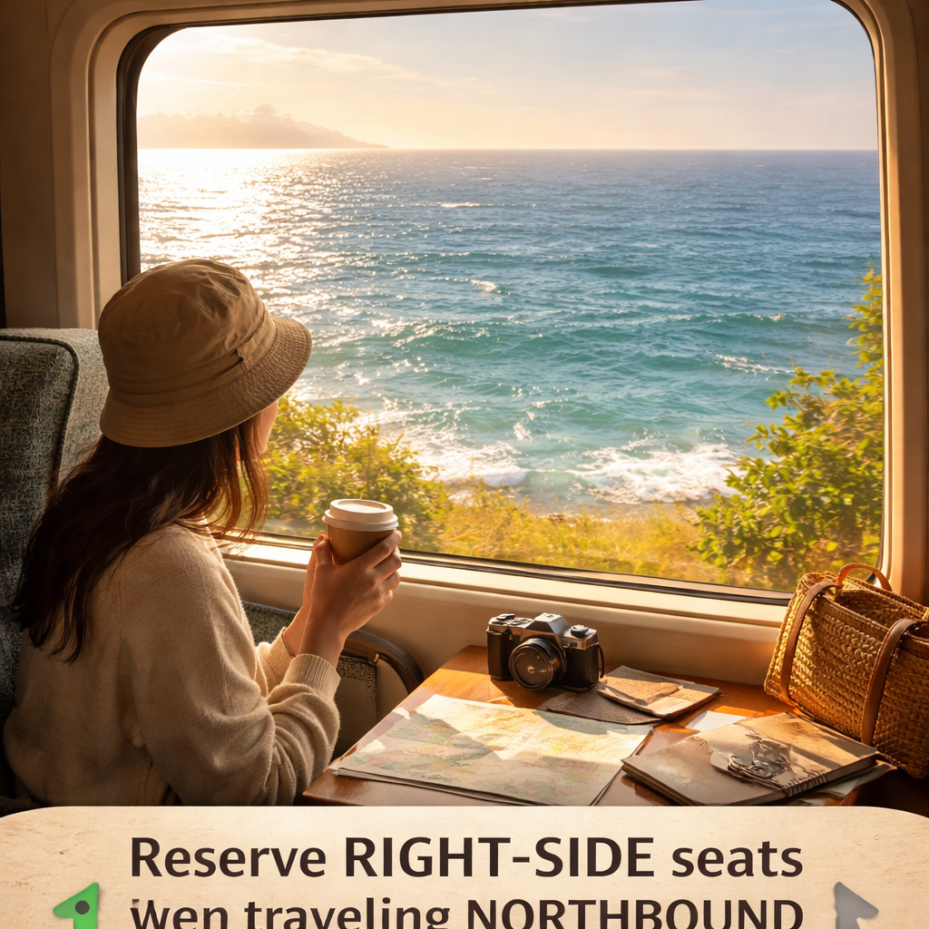 동해선 KTX 여행에서 북쪽 방향으로 갈 때 오른쪽 창가 좌석에서 바다를 감상하는 여행객의 모습