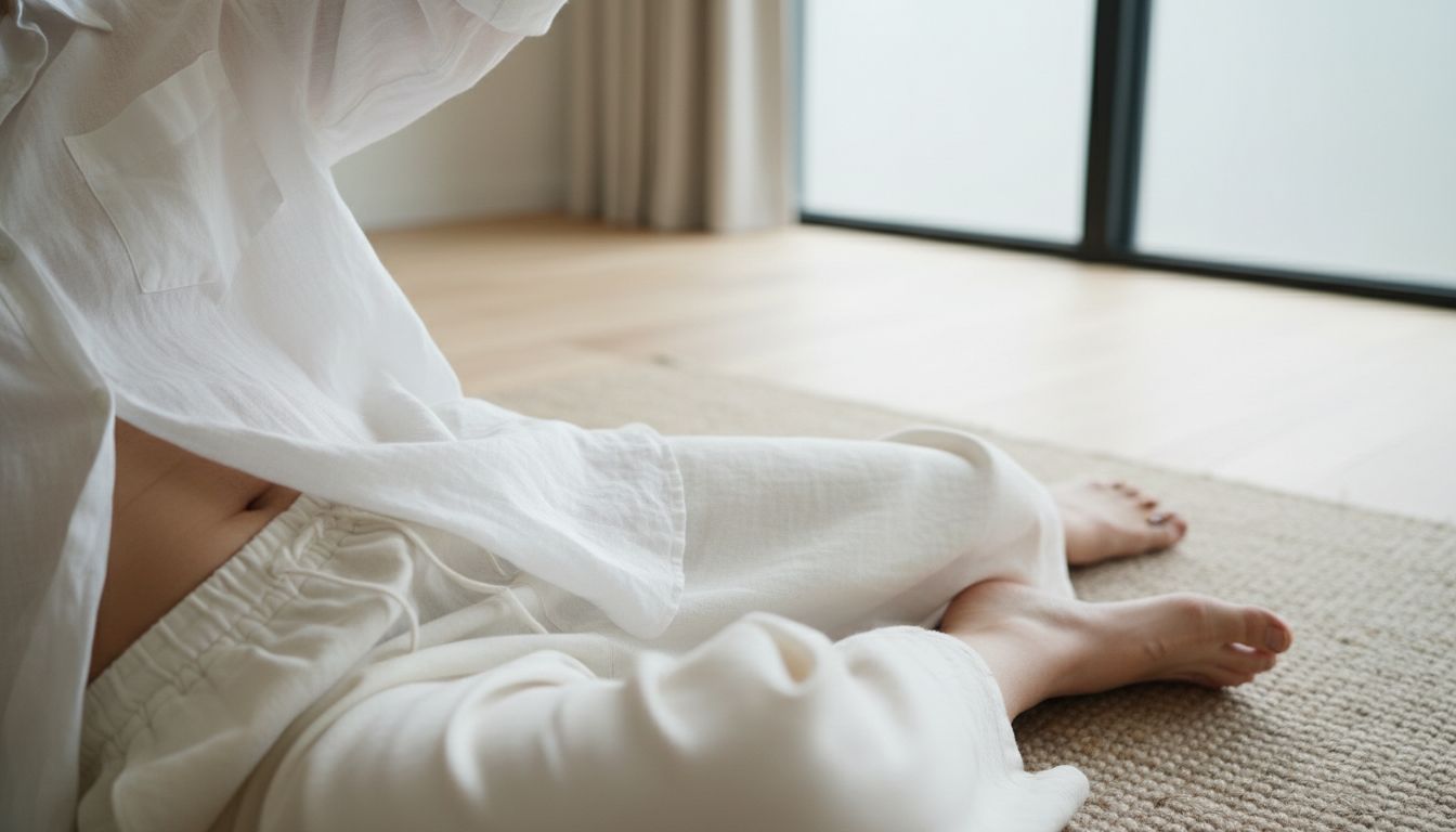 통기성이 좋은 면과 린넨 소재의 헐렁한 옷을 입은 겨드랑이, 발, 사타구니 부위 강조 모습