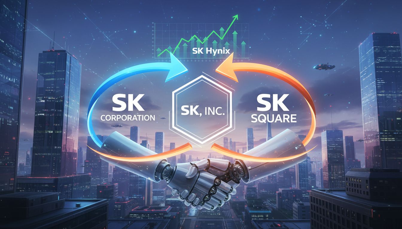 SK㈜와 SK스퀘어의 합병과 SK하이닉스 지배구조 단순화의 미래 시나리오를 묘사하는 이미지