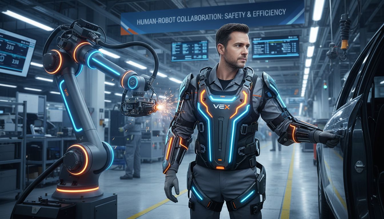 생산 라인에서 근로자의 어깨 부담을 줄여주는 웨어러블 로봇 벡스를 착용한 작업자의 모습