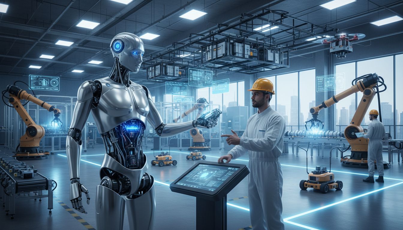 현대 공장이나 물류창고에서 인간과 상호작용하는 고급 휴머노이드 로봇의 실사 이미지