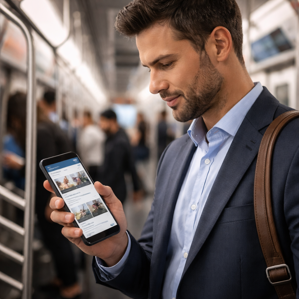 지하철에서 경력 네트워킹 앱을 사용하는 바쁜 직장인, 실시간 산업 인사이트를 보는 모습