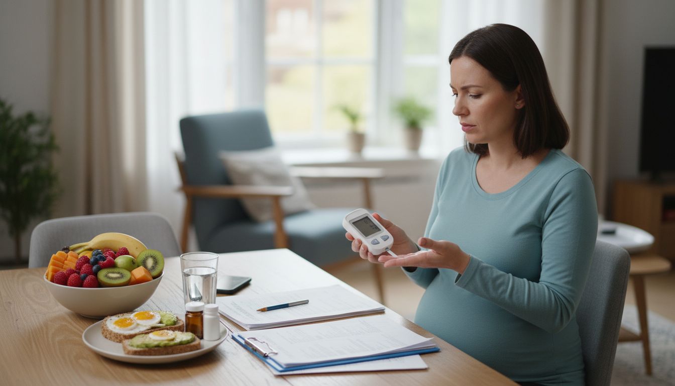 혈당을 체크하는 임산부의 모습, 의료 문서와 건강한 음식이 함께 있는 장면
