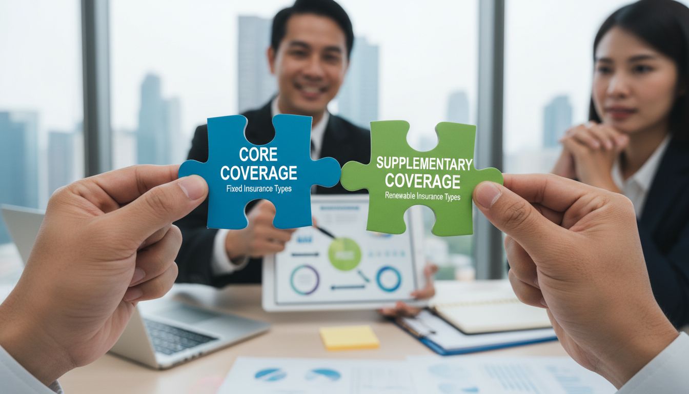 핵심 보장과 부가 보장을 결합한 혼합형 보험 전략을 설명하는 상담 장면