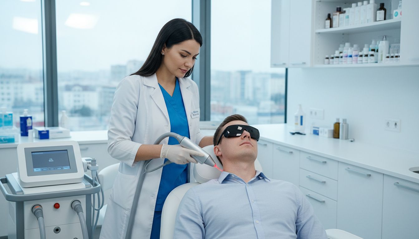 피부과 전문의가 최신 레이저 장비로 쥐젖 제거 시술을 하는 모습의 병원 장면