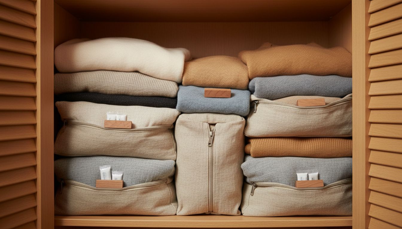 통기성 좋은 보관함에 삼나무 블록과 제습제와 함께 깔끔하게 접어 보관한 캐시미어 니트