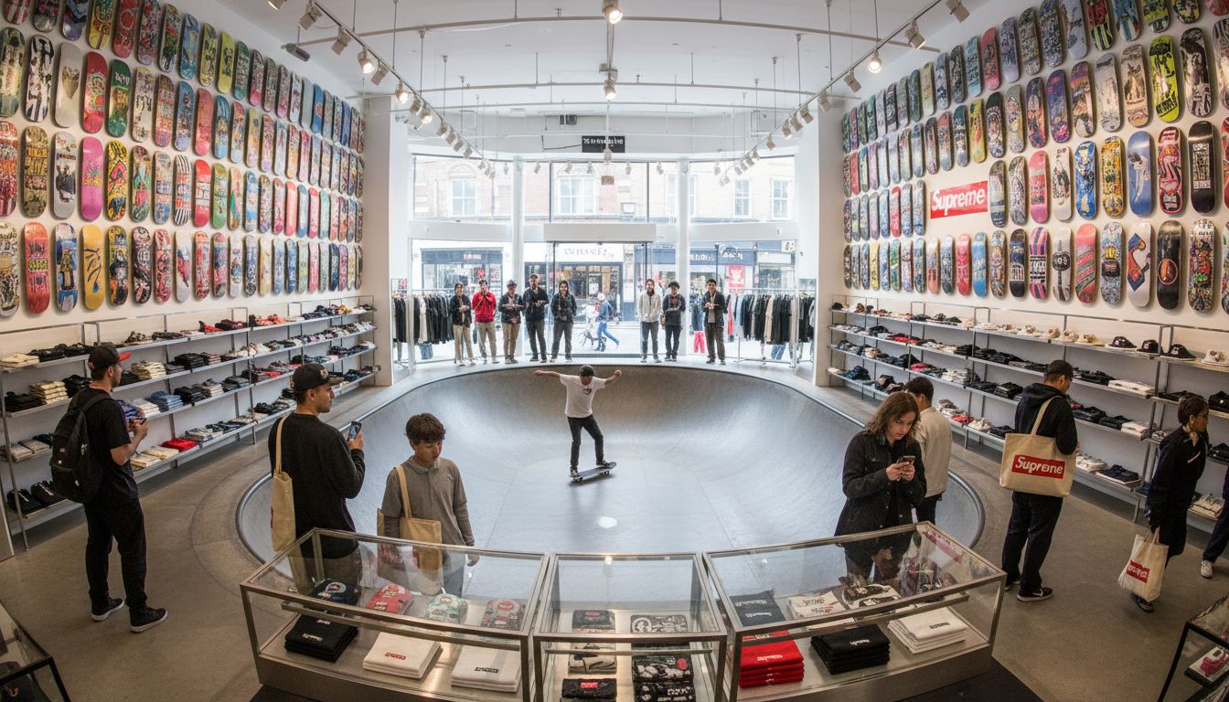 런던 소호에 위치한 슈프림 매장의 내부 전경과 스케이트 보울이 보이는 모습
