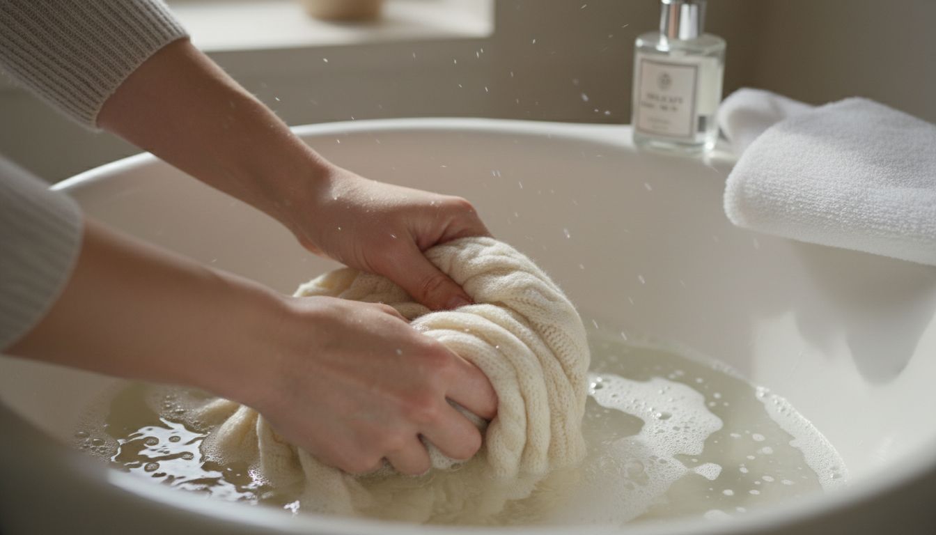 캐시미어 니트를 부드럽게 손세탁하는 모습의 고화질 실사 이미지