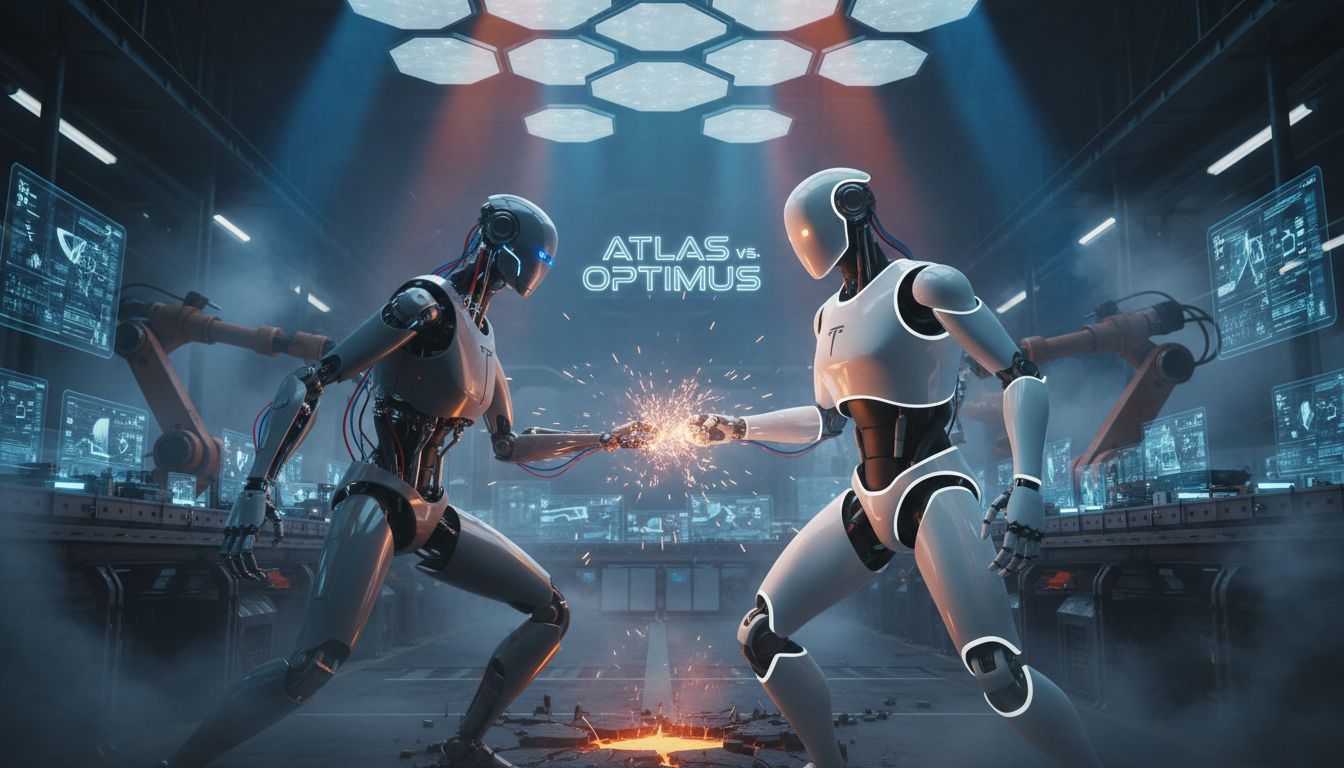 보스턴 다이나믹스 아틀라스와 테슬라 옵티머스 휴머노이드 로봇의 세기의 대결을 보여주는 실사 스타일 이미지