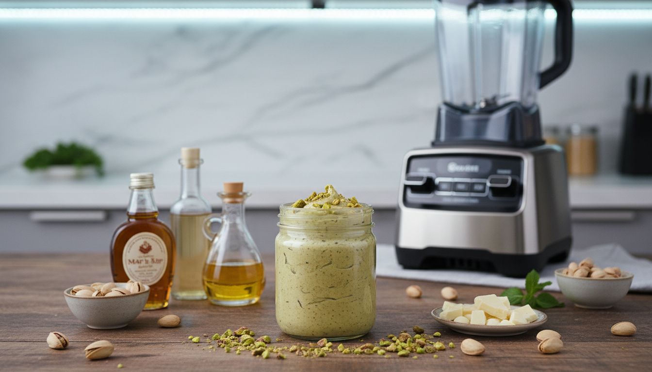 유리병에 담긴 홈메이드 피스타치오 스프레드와 메이플 시럽, 오일, 화이트 초콜릿 등이 놓인 주방 테이블