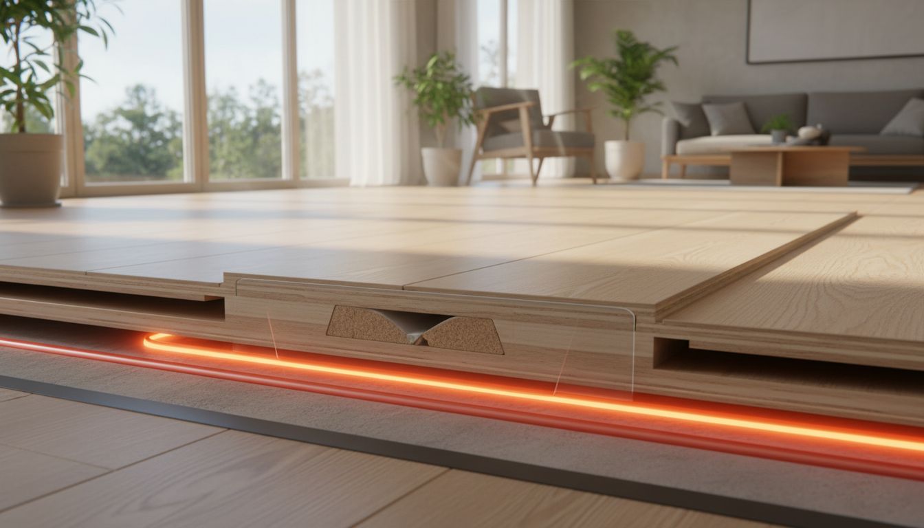 강마루의 합판 코어와 온돌 난방 효율을 강조하는 실내 바닥 단면 모습