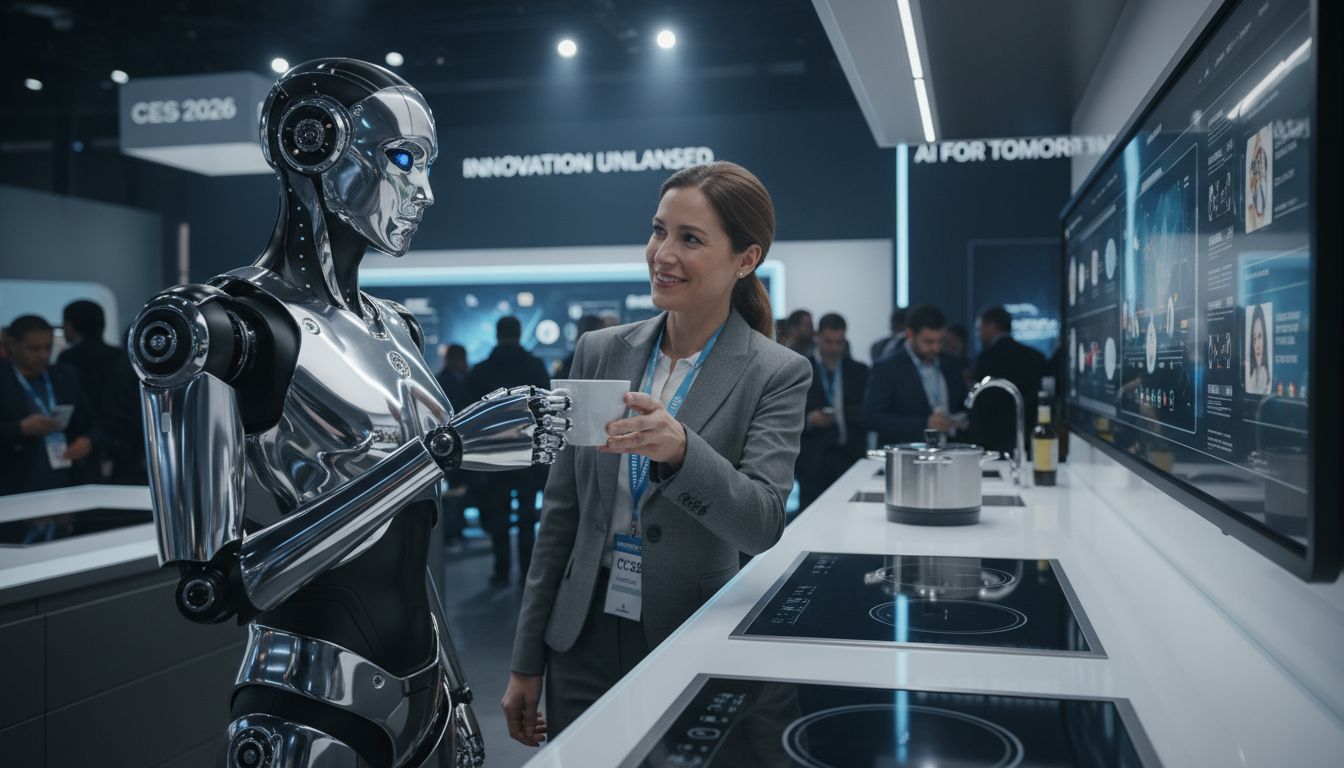 CES 2026에서 커피를 내리는 휴머노이드 로봇과 인간의 상호작용 장면