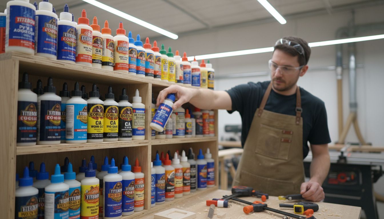 다양한 목공 접착제들이 잘 보이도록 진열된 작업장 모습
